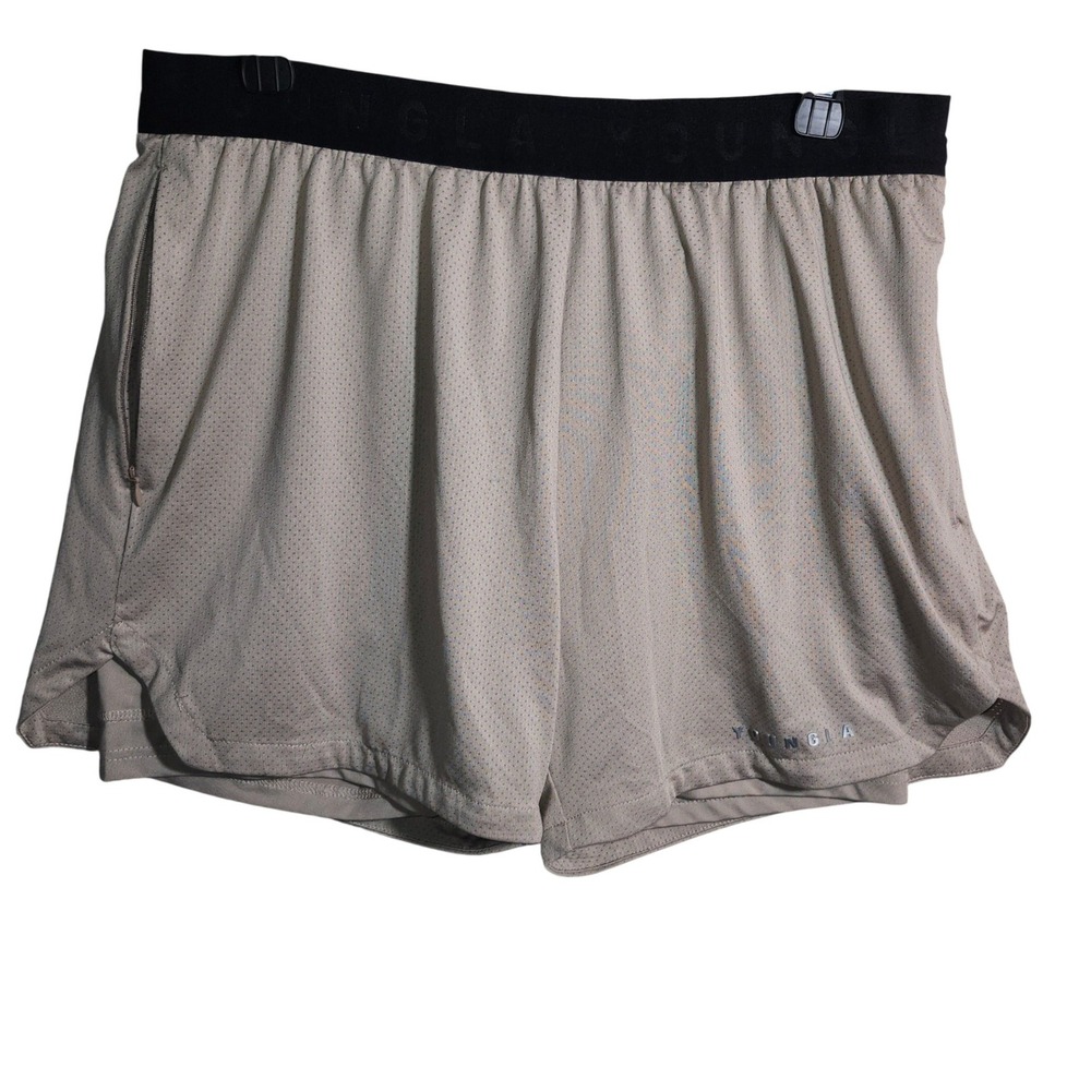 YoungLA Mesh Gym Shorts Tan XL Compression Liner Zipper Pocket Reflective 112‎